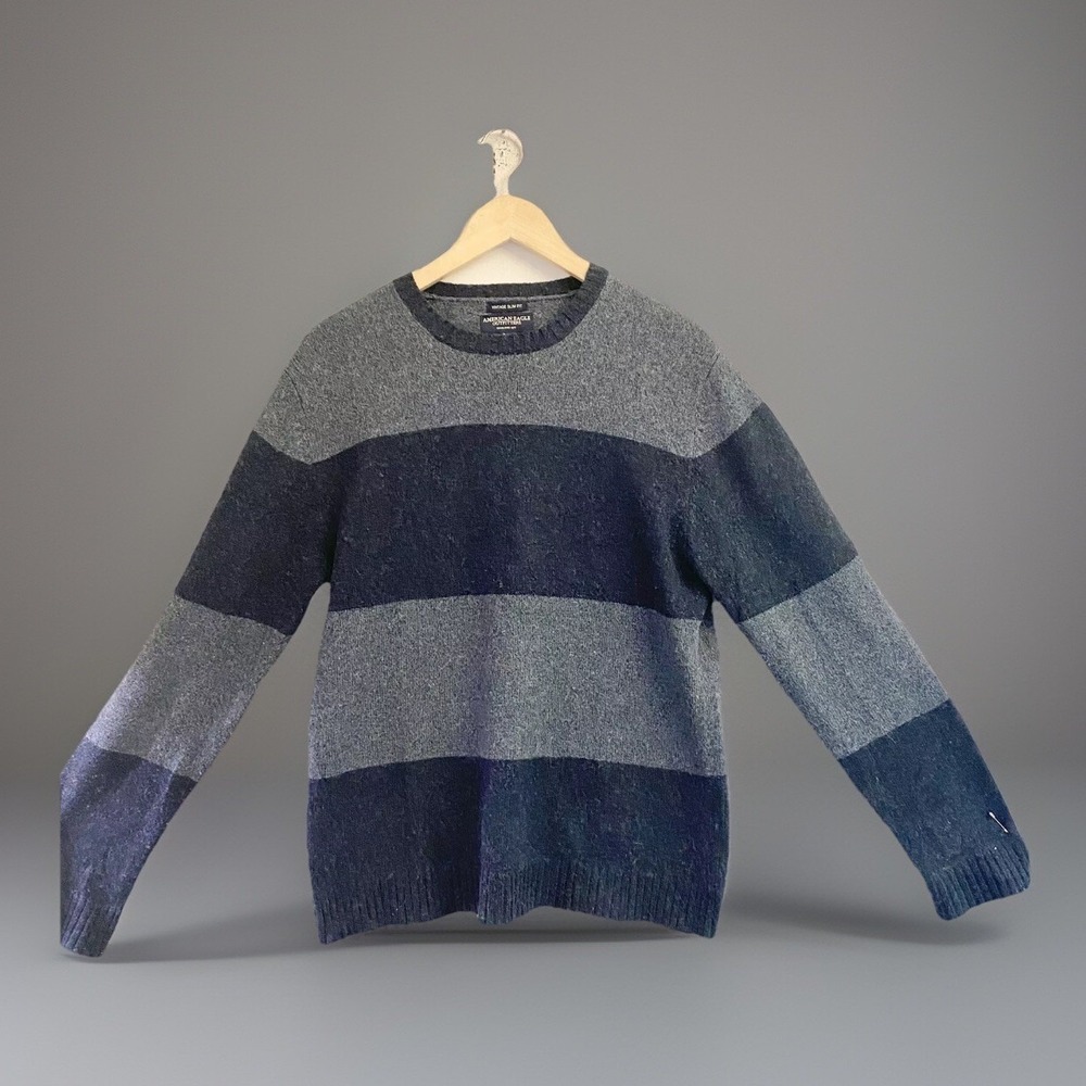 American Eagle Mens Sweater Med Wool Blend‎ Vintage Slim Fit Preppy Striped Crew